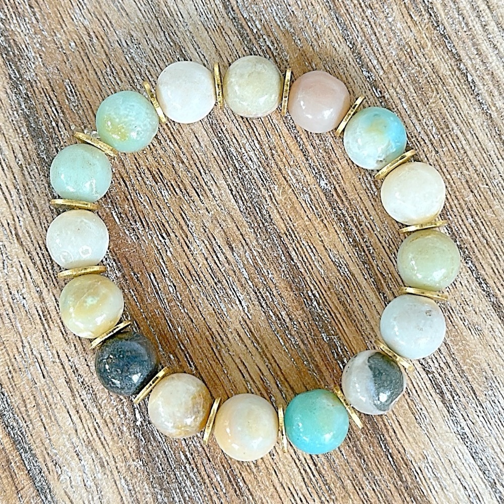 Handmade 10mm Amazonite Natural Stone beaded bracelet, 8 mm gold disc spacers​